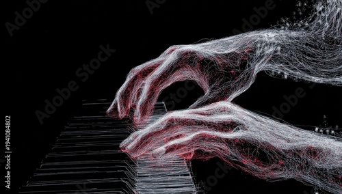 Ethereal hands compose music from flowing light particles on piano