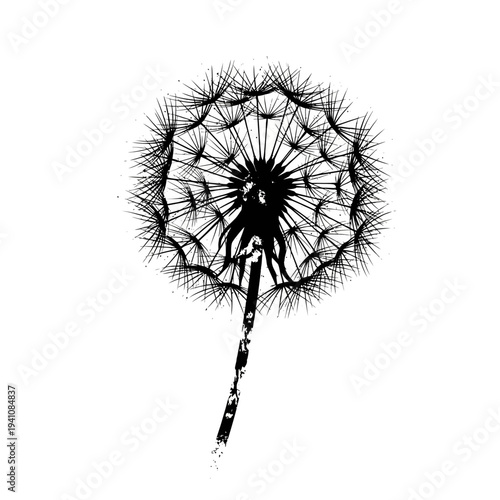 Black and white dandelion seed head silhouette on white background