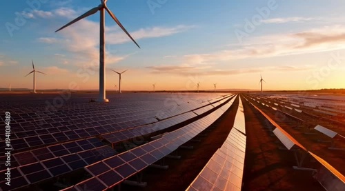 
Large-Scale Solar Panel Array with Wind Turbines Against Dramatic Sky — Clean Energy Power Plant