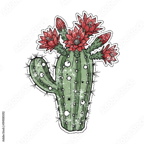Blooming Cactus with Red Flowers and White Dots