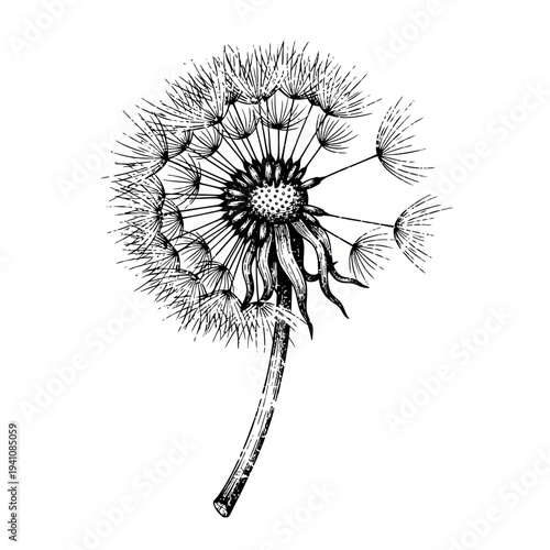 Dandelion seed head sketch, botanical illustration, vintage style
