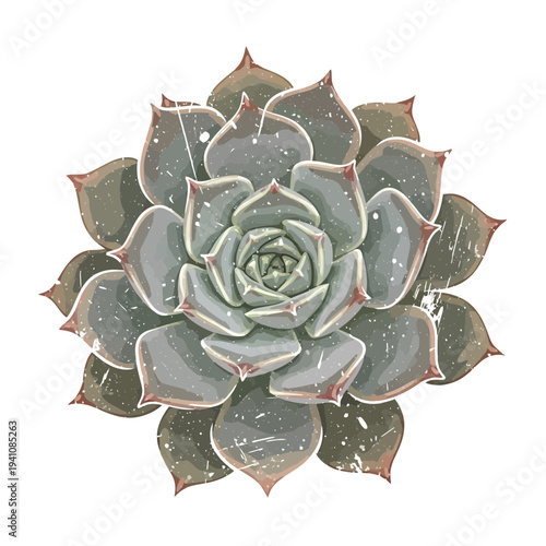 Echeveria Succulent Plant Top View, Isolated White Background, Botanical Illustration