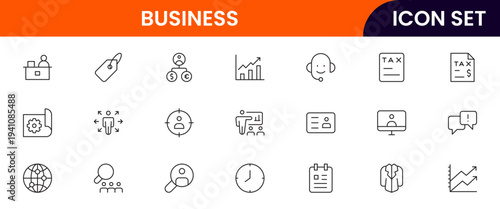 Office and business vector line icons featuring desks, meetings, documents, analytics, teamwork, finance, communication, productivity, and corporate workflow symbols.
