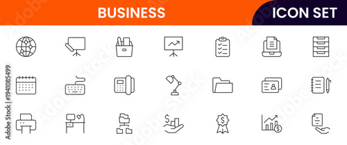 Office and business vector line icons featuring desks, meetings, documents, analytics, teamwork, finance, communication, productivity, and corporate workflow symbols.