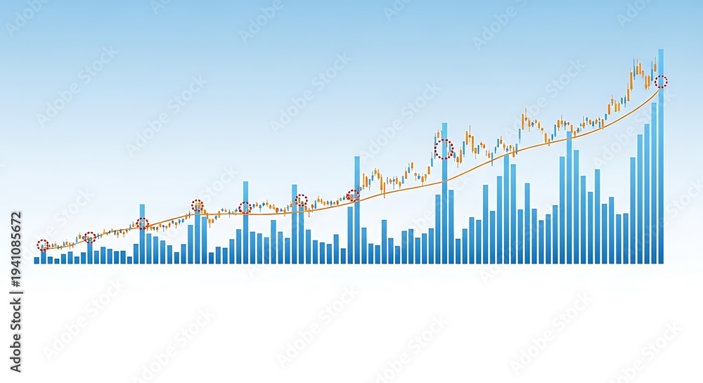 Obraz premium Blue background with upward trending financial chart and bar graph showing growth over time
