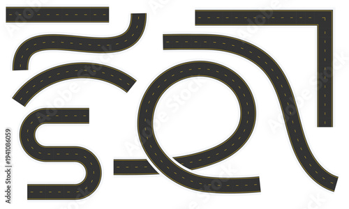 Curved Road Elements Set with Asphalt Highway and Yellow Lane Marking, Editable Street Path Vector Illustration