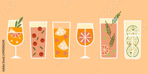 A colorful row of illustrated cocktails with various fruit garnishes