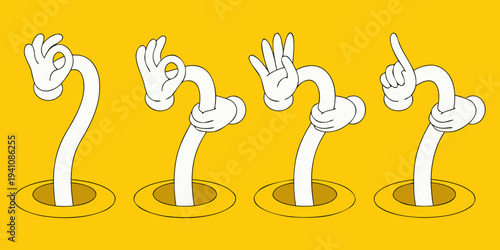 Four stylized hands emerge from circular bases on a yellow background