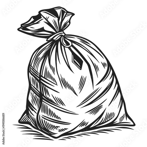 garbage bag illustration, trash bag engraving, vintage garbage bag drawing, woodcut trash bag illustration, black and white trash bag, cross hatching illustration, vintage waste bag art, plastic bag e