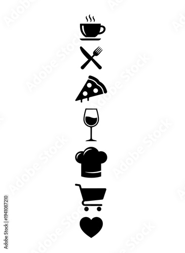 Vertical food and drink icons arranged in a column silhouette on transparent background