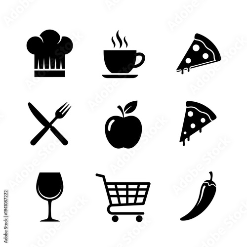 Black food and drink icons arranged in a grid on transparent background silhouette