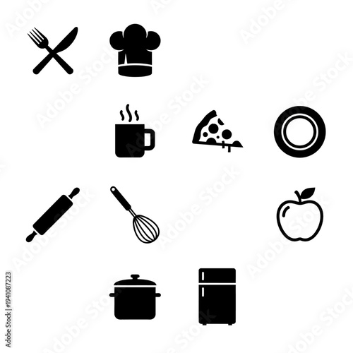 Black cooking icons depicting kitchen tools and food silhouette on transparent background
