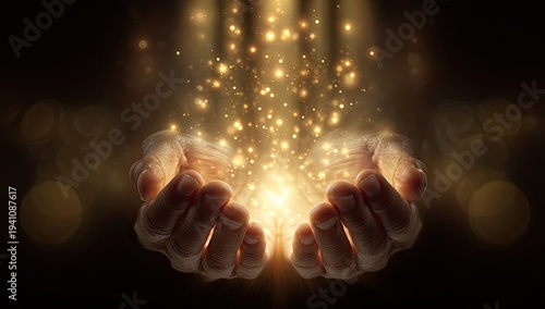 Cupped hands releasing glowing particles upward in dark background