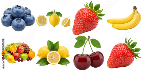 Assorted colorful fruits isolated on a transparent background