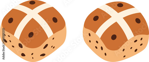 Two hot cross buns vector illustration with raisins and white icing crosses for easter food concept