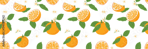 Bright citrus seamless pattern. Hand-drawn vintage seamless pattern with oranges, flowers, and leaves. Trendy vector background for paper, covers, and fabric. Vector illustration.