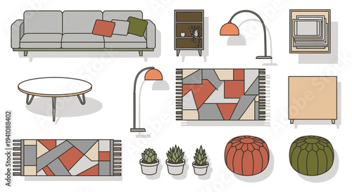 modern living room furniture and stylish home decor pieces flat lay vector for interior design concepts.