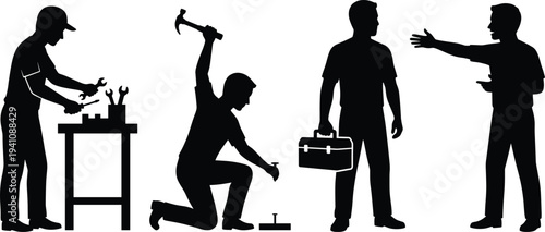 Construction worker silhouettes set including technician at workbench handyman hammering nail supervisor with toolbox and foreman giving instructions on white background for industrial projects