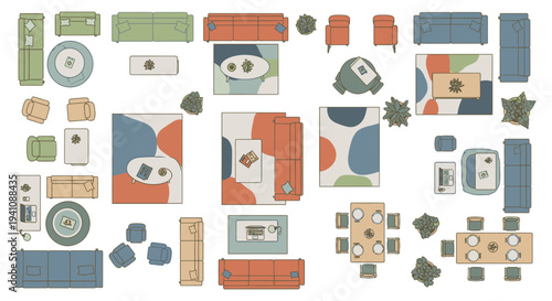 top-down view of modern furniture and home decor elements showcasing stylish interior design layouts