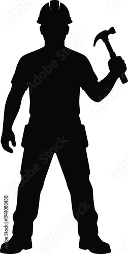 Professional construction worker silhouette wearing hard hat and tool belt holding hammer standing isolated on white background for building and renovation industry projects