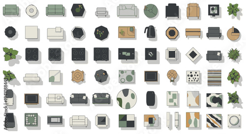 top-down vector illustrations of modern furniture home appliances and decor for interior design layout planning.