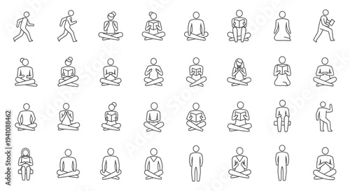 various line art icons of people sitting meditating reading and walking symbolizing mindfulness activity and learning for design projects.