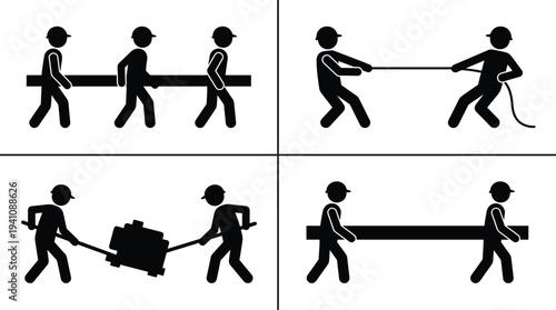 Construction workers silhouette set showing team manual labor lifting heavy beam pulling rope pushing wheelbarrow and carrying building materials on white background