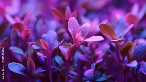 Vibrant Purple and Pink Hues Illuminate Young Seedlings Under Grow Lights.