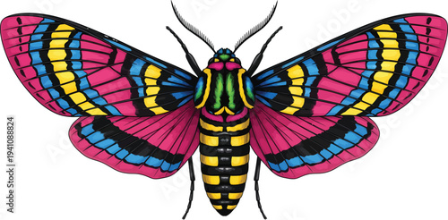 Colorful Moth with Pink, Blue, Yellow and and Black Wings Isolated on White