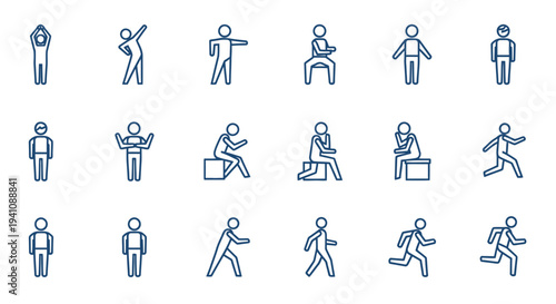 human figures in various poses demonstrating body language and activities as minimalist blue outline icons