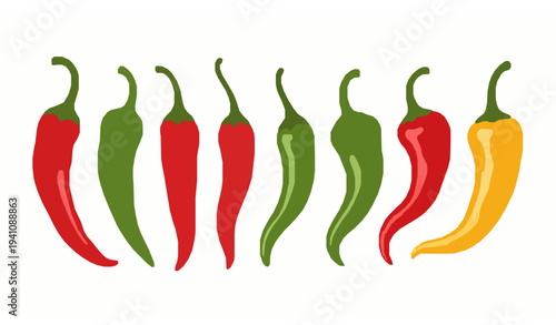 Colorful chili pepper vector set with red green and yellow hot peppers isolated on white background