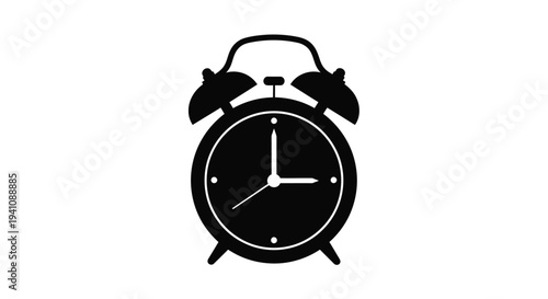A simple black silhouette of a classic twin bell alarm clock