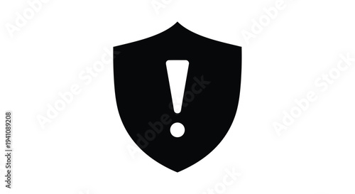 Black shield icon featuring a white exclamation mark and dot below