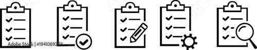 Clipboard icon. Checklist with gear, checkmarks, magnifier and pencil. Quality check line sign. Check List flat line icon. Form icon. Clipboard with gear technical support check list - stock vector. S