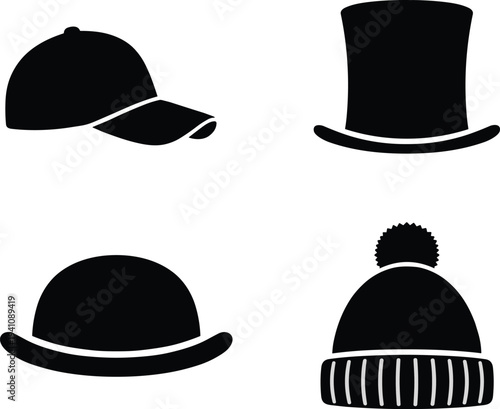 Black silhouettes of four different hats on white background baseball cap