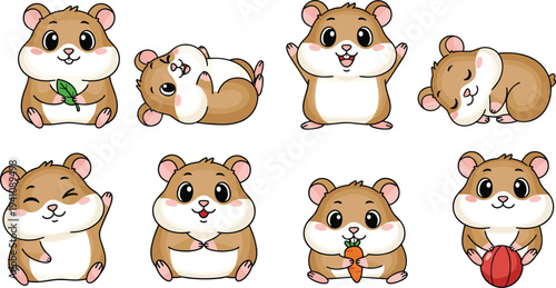Cartoon hamster characters in various poses and actions cute brown white