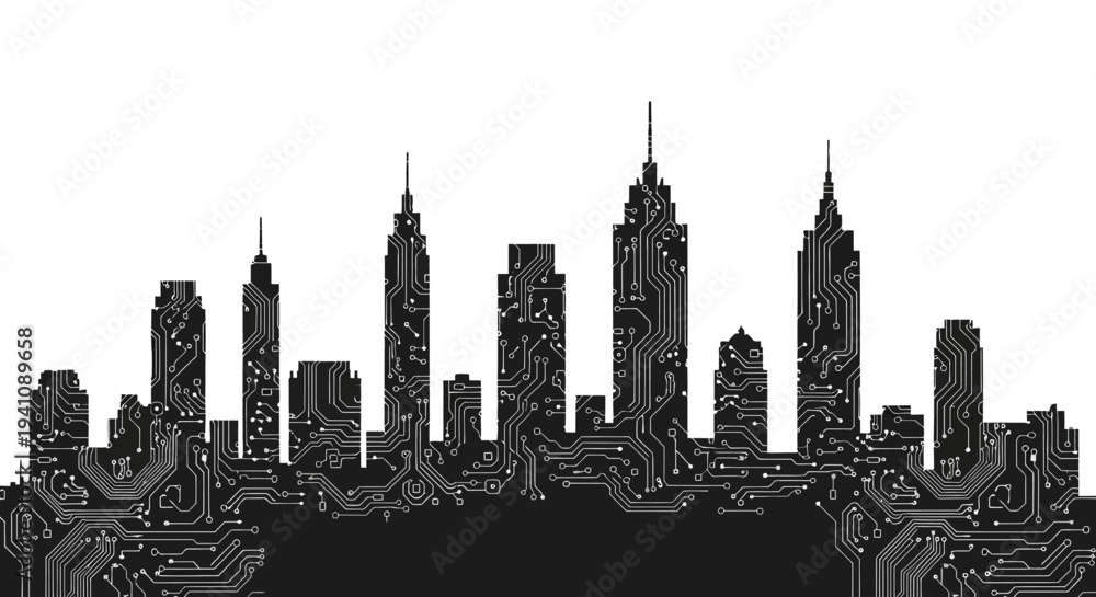 Fototapeta premium Futuristic Cityscape Skyline with Circuit Board Design