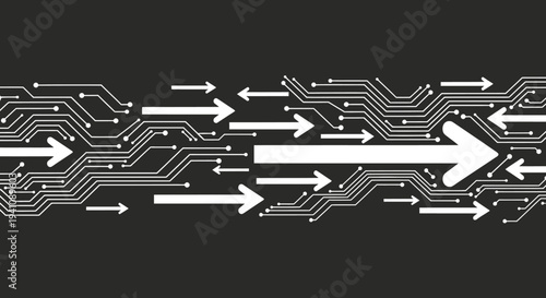 Digital Stream of Arrows and Circuit Board Lines, Data Flow Concept