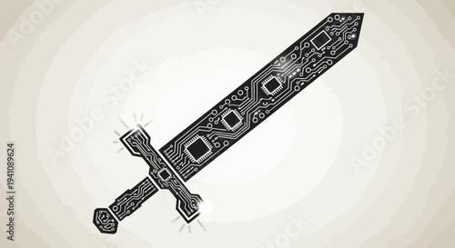 Digital Sword, Technology Weapon, Cyber Security Concept, Electronic Circuit Blade