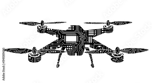 Drone silhouette with circuit board pattern, technology concept