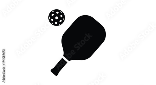 Black and white illustration of a pickleball paddle and ball