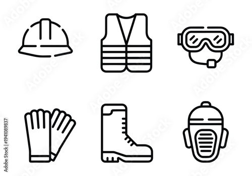 Collection of line art icons for personal protective equipment, featuring safety helmet, vest, goggles, respirator, gloves, and boots.