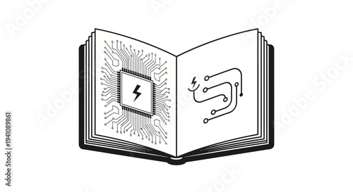 Open Book With Microchip and Circuit Board Illustration, Technology Concept