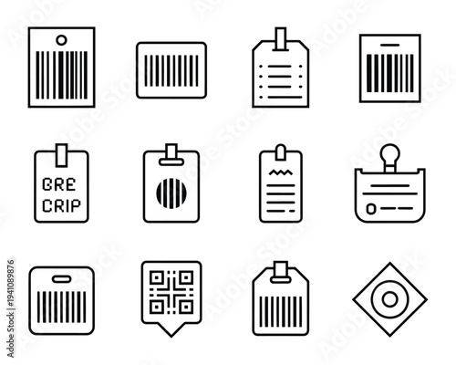 Collection of twelve line art icons featuring barcodes, QR codes, and identification tags for retail, logistics, and security applications.