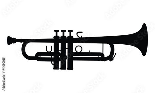 Black silhouette of a trumpet, a classic brass musical instrument, perfect for music education, jazz, and performance graphics.