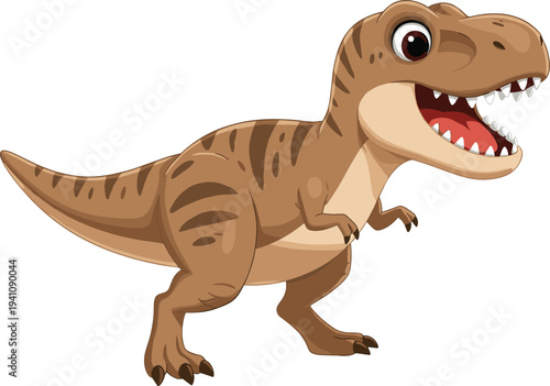 Cartoon brown dinosaur with open mouth and sharp teeth smiling