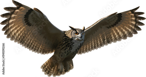 Brown Owl Flying with Spread Wings Isolated on White