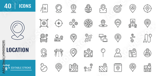 Location icon set. Includes map, map pin, gps, destination, directions, place, navigation, address, and more. Outline Icon Set. Editable stroke with Vector illustration