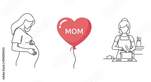 Pregnant woman and mom cooking with heart balloon vector icons