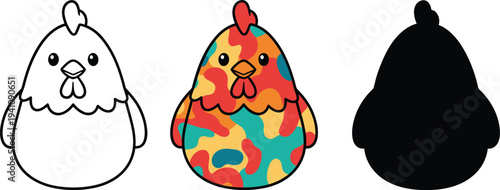 Cartoon chicken in different styles colorful camouflage black and white